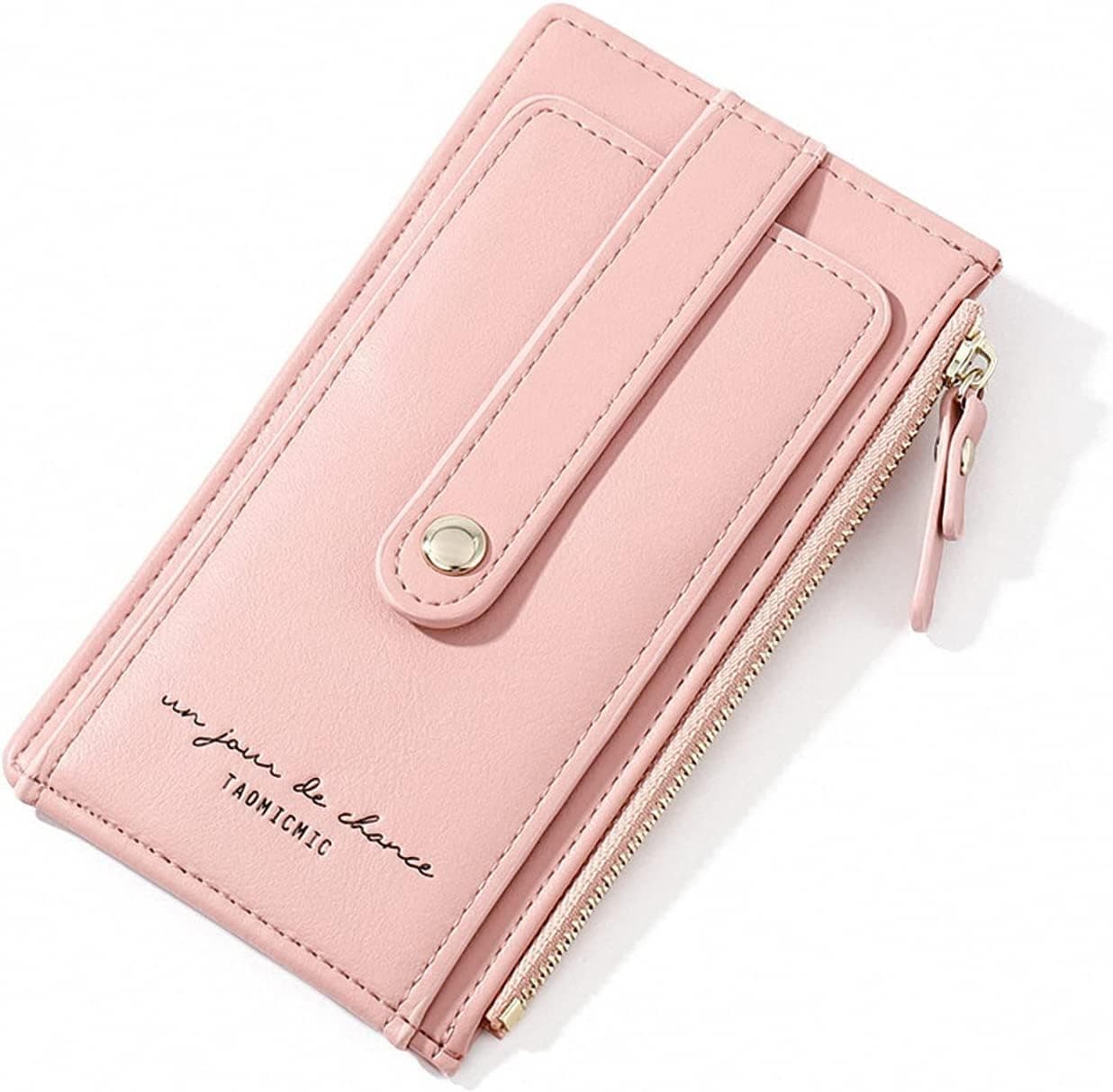 Stylish Pink Card Purse for Women, Zip Credit Card Holder Wallet, Compact Blocking Small Wallets for Everyday Use