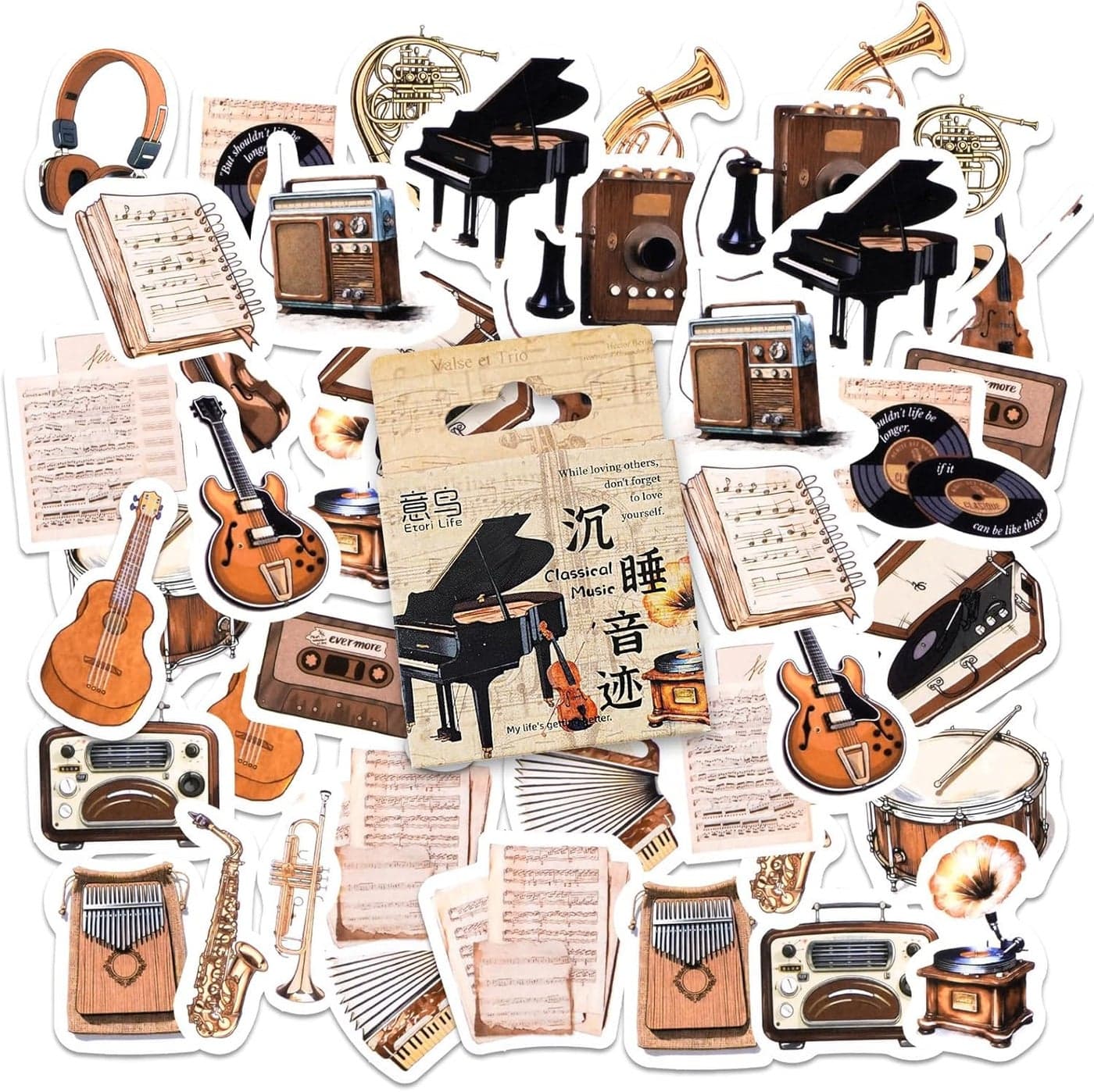 Titu Ki Baatein 46PCS Vintage Musical Instrument Stickers – Retro Music-Themed Decals for Kids, Teens, and Adults – Perfect for Laptops, Travel Cases, Planners, Journals, Scrapbooks & Notebooks