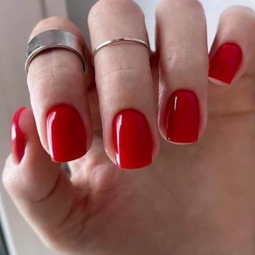 Stbisen True Red Press on Nails Short Square Soft Gel Fake Nails Kit Fashion Reusable Thick Natural Glue On Nails for Women Gift Suitable for Work Office Settings and Everyday Wear 30Pcs