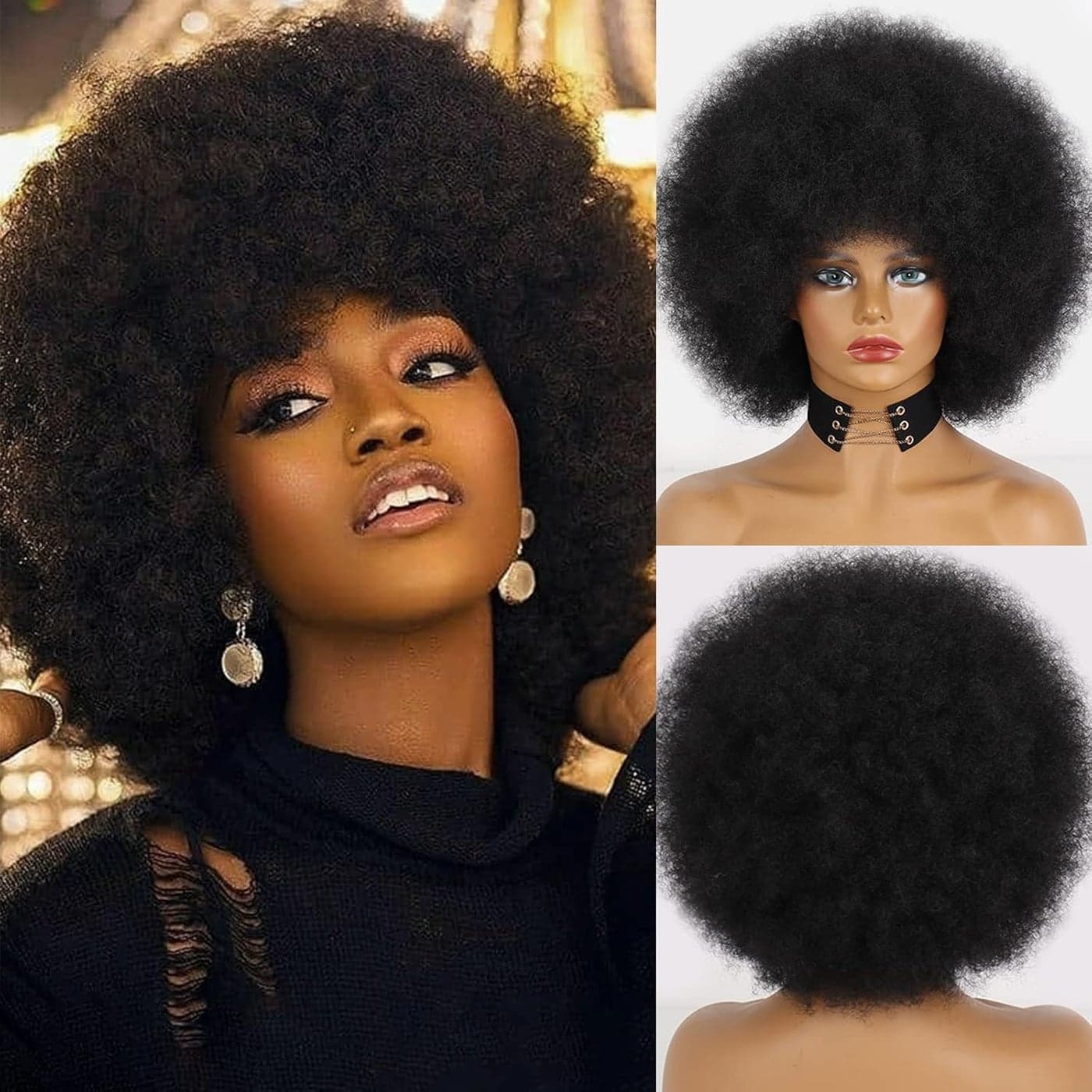 Xinran Short 70s Afro Wigs for Black Women Large Synthetic Black Short Afro Wig 70s 8 Inches 60s Afro Wig for Women Bouncy and Soft Natural LookingBlack