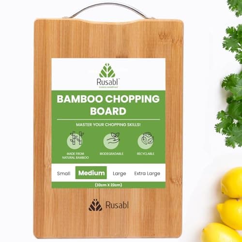Rusabl Bamboo Wooden Chopping Board with Metal Handle, Multipurpose Cutting Board for Vegetables, Fruits & Cheese, for Kitchen Use, BPA Free, Eco-Friendly, Anti-Microbial (M, 32 x 22 cms)