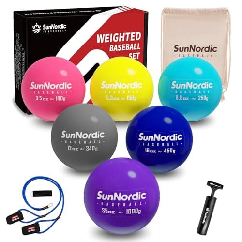 SunNordic 6/9 Pack Plyometric Weighted Baseball Set (3.5-16/35/53/70 oz) - Variable Weight Plyo Baseballs for Improved Power & Pitching Training - for All Skill Levels