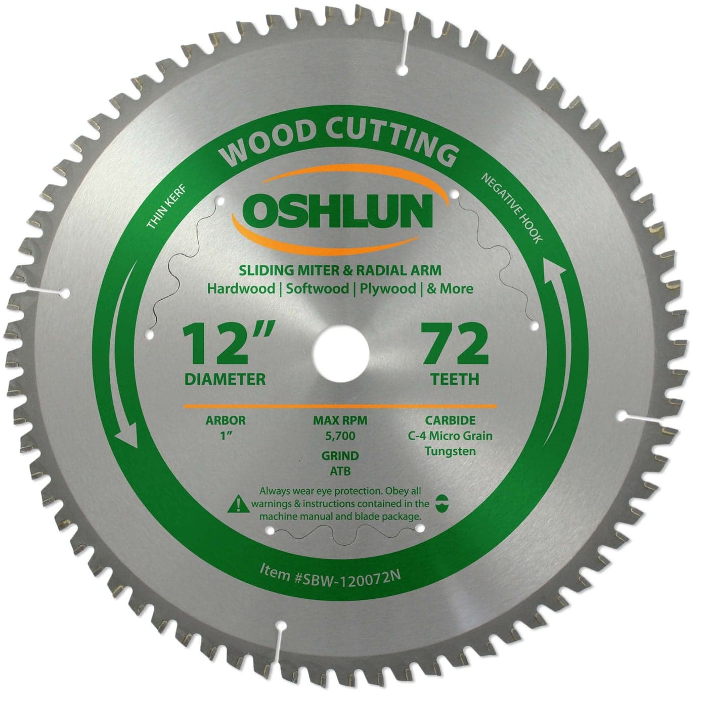 Oshlun SBW120072N 12Inch 72 Tooth Negative Hook Thin Kerf Finishing ATB Saw Blade with 1Inch Arbor for Sliding Miter and Radial Arm Saws