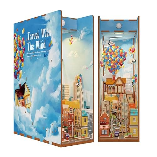 Tonecheer DIY Book Nook Kit for Adults3D Wooden Puzzle Bookend Bookshelf Insert Library Decor Booknook Miniature House Kit with Body Motion Sensor LED Light Travel with The Wind