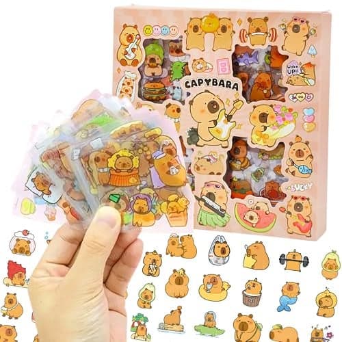 FunBlast Capybara Theme PET Stickers, Kawaii Sticker – 96 Sheets; 300+ Pcs Aesthetic Sticker, Japanese Style Craft Stickers, Self-Adhesive Sticker’s Set - Multicolor