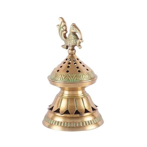 Skywalk Handcrafted Brass Loban Dhoop Dani with Peacock Incense Dhoop Burner for Home Office Temple Prayer (Green)