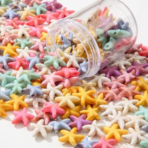 BERMRO 200pcs Acrylic Starfish Beads Ocean Sea Theme Turtle Charms Summer Hawaii Beaded for Jewelry Making Beading Kit Bracelets DIY Supplies Color Starfish