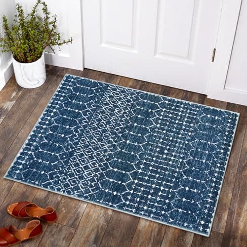 Lahome Moroccan Indoor Rugs for Entryway - 2x3 Area Rug Non-Slip Backing Washable Inside Door Mats Low-Profile Throw Soft Rugs for Bathroom, Geometric Print Distressed Blue Rug for Kitchen Bedside