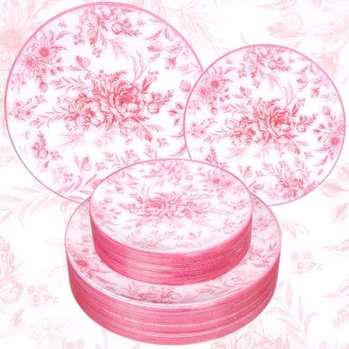 Joyido 60PCS Pink Plastic Plates - Elegant Pink Floral Plate - Heavy Duty Flower Plate Disposable Include 30 Dinner & 30 Dessert Plates for Bridal Shower Wedding Spring Party