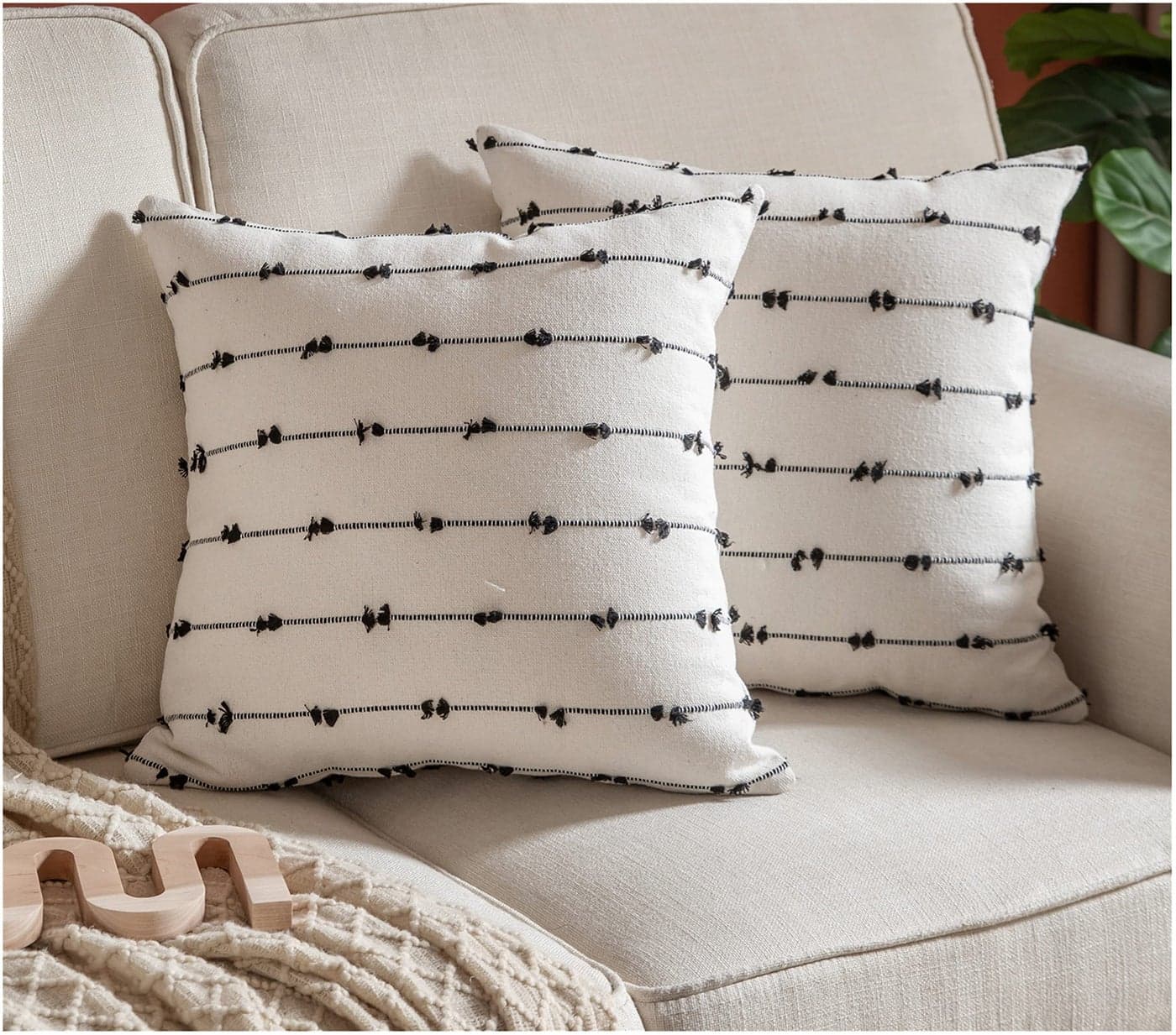 Caflife Boho Throw Pillow Covers 18x18 inches Beige and Black Set of 2 Modern Farmhouse Decorative Pillow Covers for Couch Bed Living Room