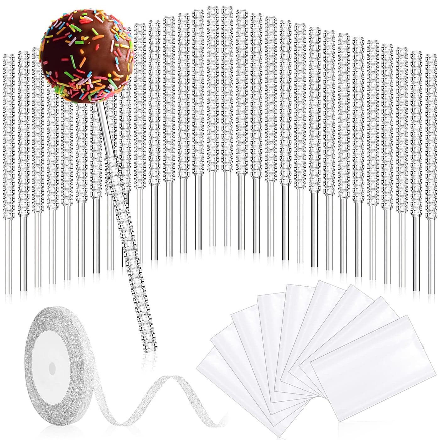 133 Pcs Bling Acrylic Lollipop Sticks Set Rhinestone Cake Pop Sticks with Glass Bags and Silver Glitter Ribbons Tie for Cake Fruit Candy Party Favor