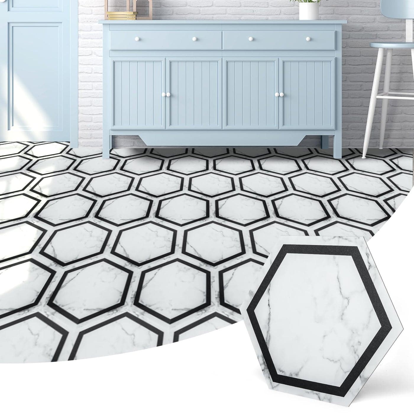 Art3d 30Pack Hexagon Peel and Stick Flooring Tile Marble Look Self Adhesive Waterproof Vinyl Floor Tile for Kitchen Bathroom Living Room Bedroom 118 x 102 White Marble