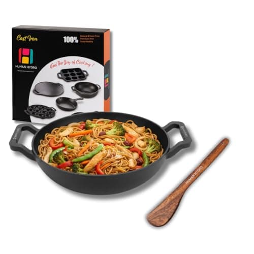Human Hydro Pre-Seasoned Cast Iron Kadai - 23cm (9.1 Inch), 1.3 Litre with Wooden Flip Spatula, Induction & Gas Friendly Flat Botton, 100% Natural Non-Stick & Non-Toxic