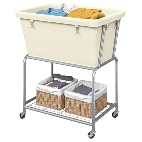 ELYKEN Laundry Cart with Wheels, Rolling Laundry Hamper with Removable Bag and Shelf, Metal Frame Laundry Basket with 4 Casters and 2 Brakes, Ideal for Bedroom, Bathroom, Laundry Room, Cream