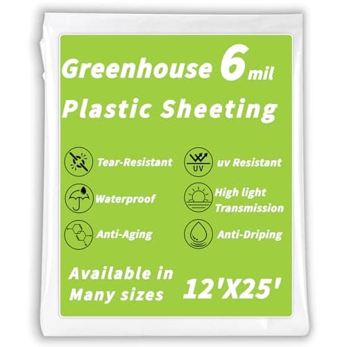 UZLU Greenhouse Plastic Sheeting 6 Mil,12 x 25 FT Transparent UV Resistant Polyethylene Film, Tear-Resistant Green House Hoop Cover for Gardening, Farming, Nursery, Henhouse, Anti-Drip & Weatherproof