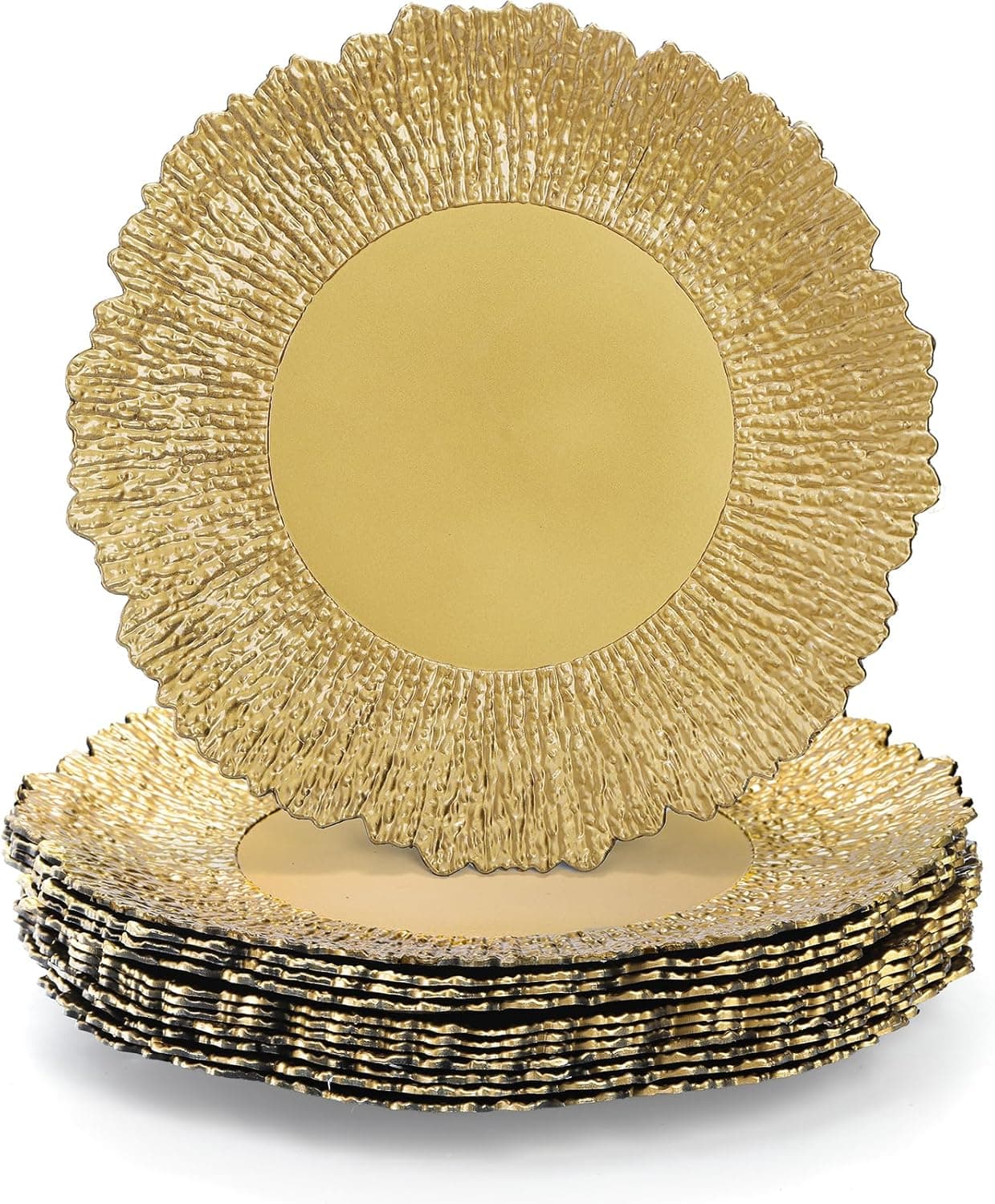 Coloch Set of 12 Plastic Gold Charger Plates 13 Reusable Reef Serving Charger for Dinner Plate Round Shiny Decorative Charger Plate for Wedding Catering Parties Restaurant Home Dinner Use