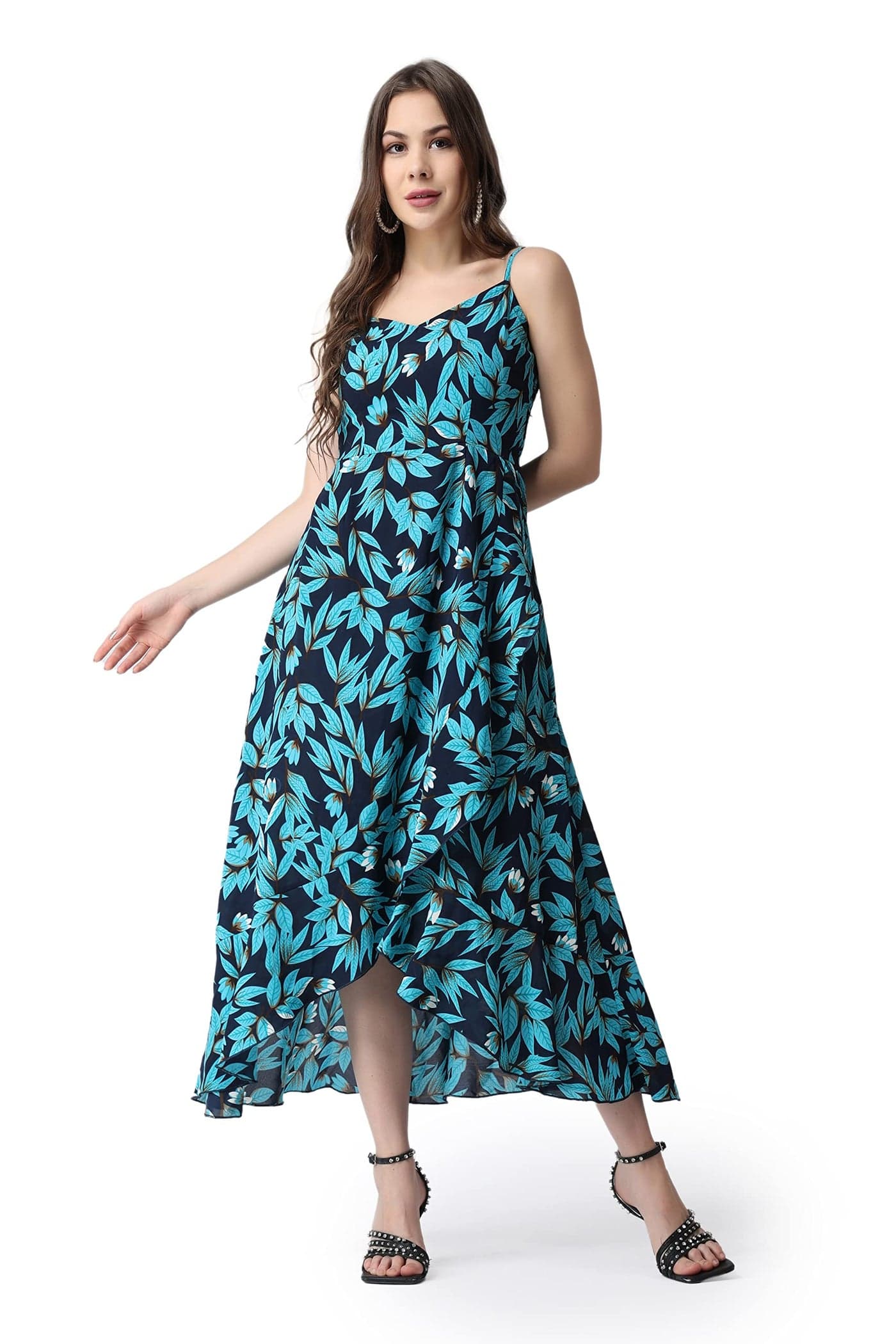 POPWINGS Women Casual Ocean Blue Leaf Printed Maxi Length Fit & Flare Dress