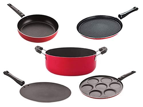 Nirlon Gas Compatible Non-Stick Non Induction Aluminium Cookware Set of 5 Pieces (CT_KD12_CHATTI_FT10_FP12)