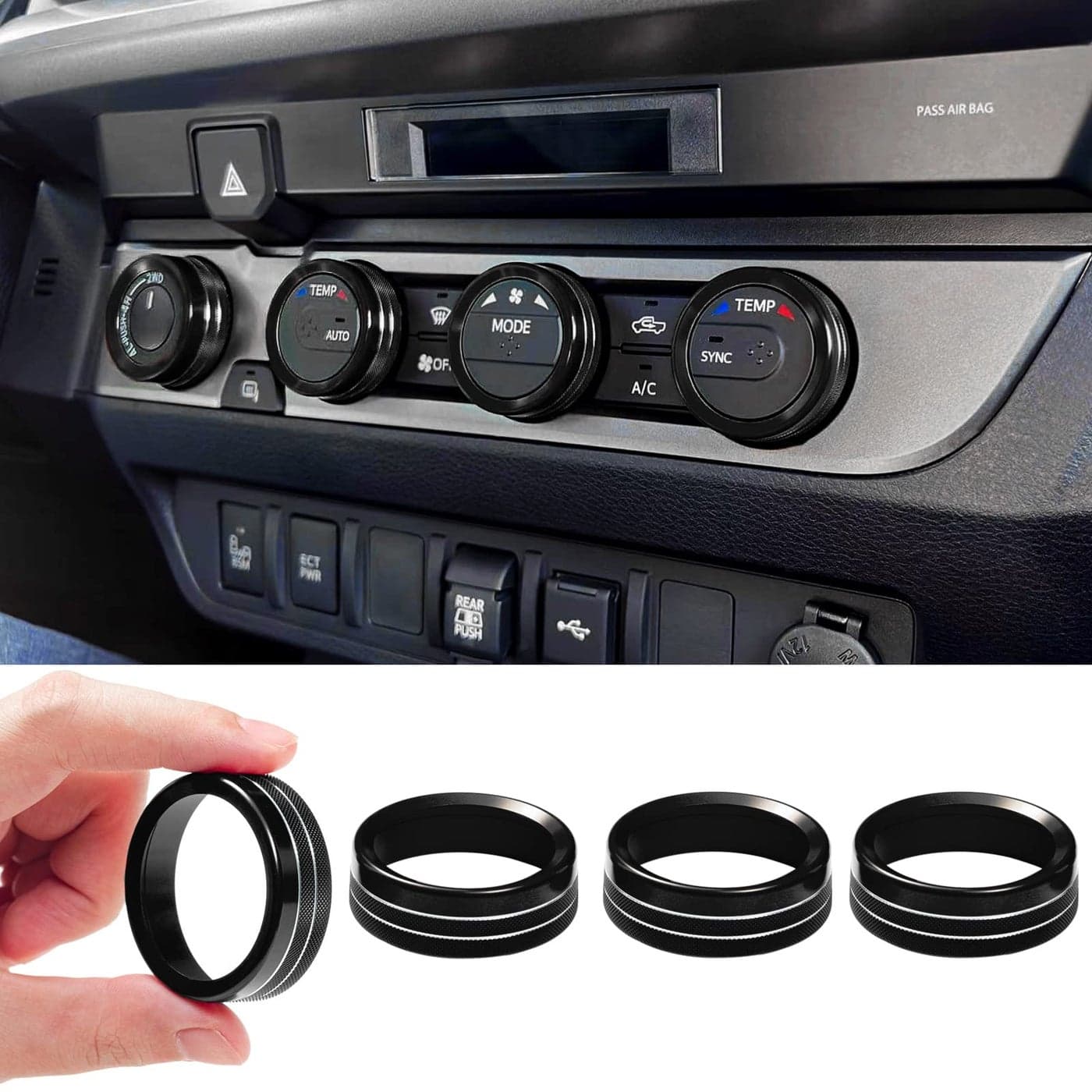 JKCOVER Interior Decorated Button Knob Covers Compatible with Toyota Tacoma 20162019 2020 2021 2022 2023 4WD Temp Air ConditionerBlack4pcs