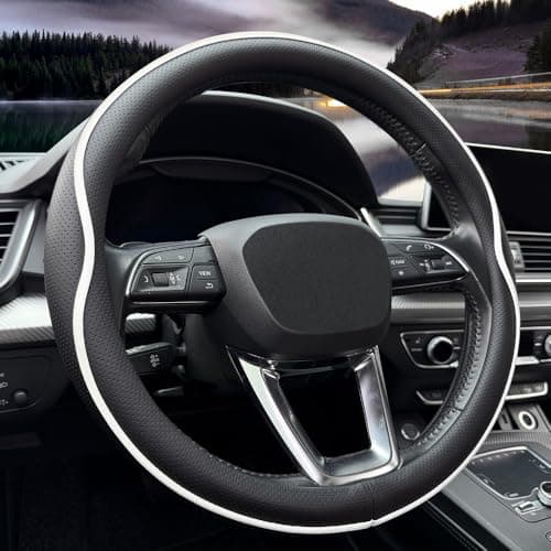 HAOTULE Leather Steering Wheel Cover with AntiSlip Stripe Design Enhanced Grip Fashion Style Safe NonSlip Breathable Upgrade car InteriorBlack White