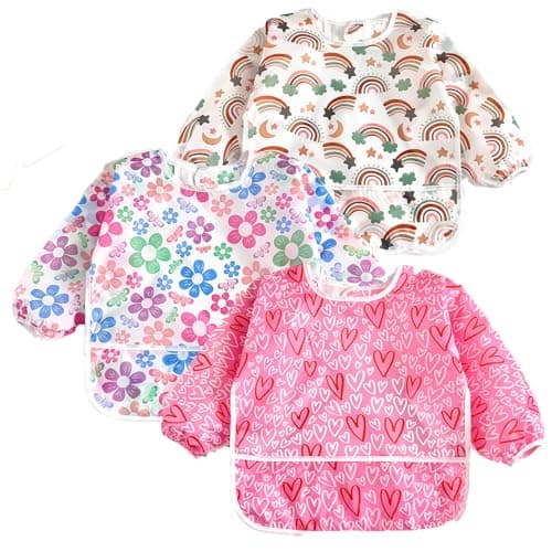 PandaEar 3 Pack Waterproof Baby Long Sleeve Bibs for Girls Lightweight Toddler Art Smock with CatchAll Pocket Washable Mealtime Bibs for Eating Messy Play Fits 62436 Months