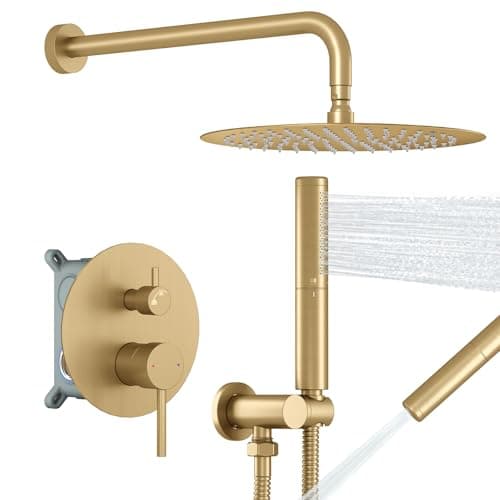 BESy Shower System with 10 Inch Round Rain Shower Head and Handheld Wall Mounted High Pressure Rainfall Shower Faucet Fixture Combo Set with 2 in 1 Handheld Showerhead for Bathroom Brushed Gold