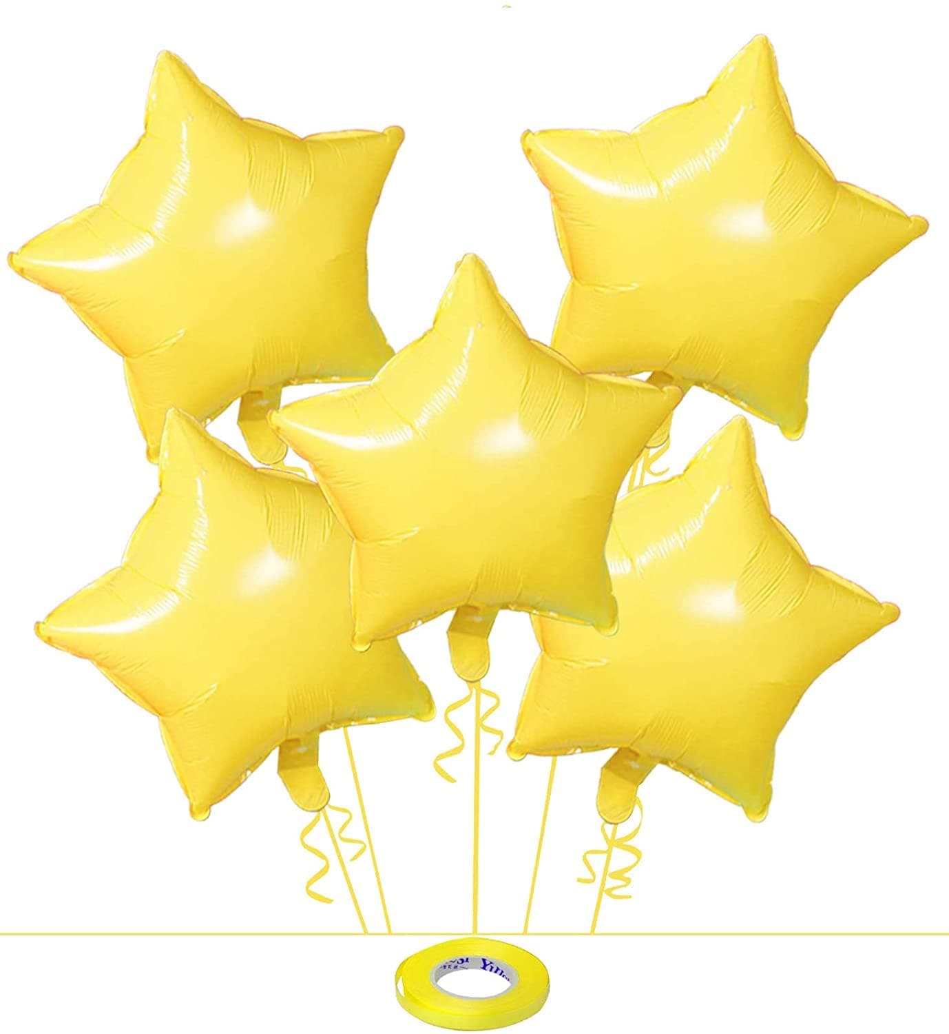 AMFIN® (Pack of 5) 18 Inch Yellow Pastel Star Shape Foil Balloon with Balloons Ribbon for Kids Birthday, Baby Shower, Wedding Anniversary, Girls Party Home Decoration - Yellow