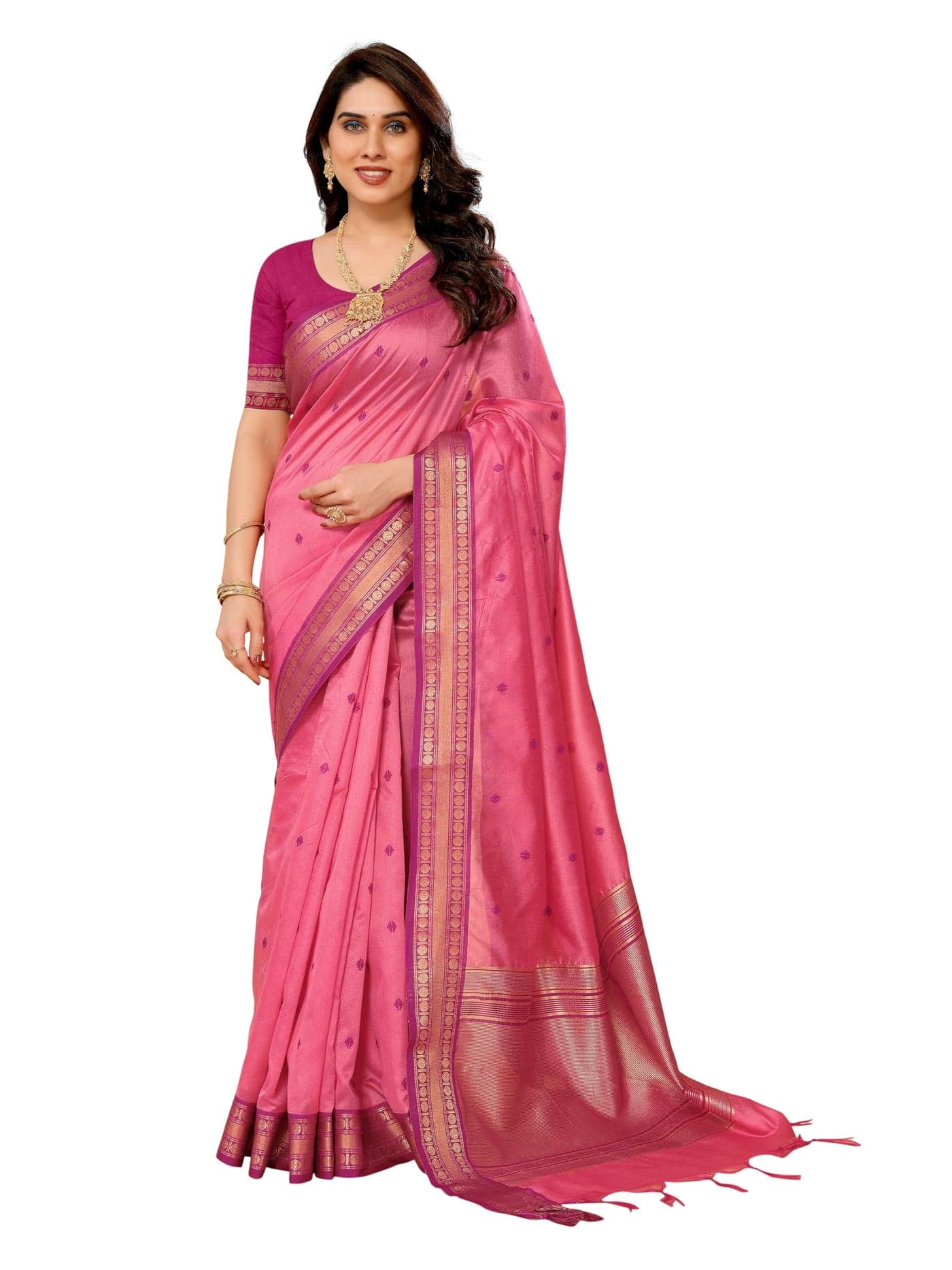 Sidhidata Women's Cotton Silk Jacquard Boardered Saree With Unstitched Blouse Piece (Kalyani Pink_Pink_Free Size)
