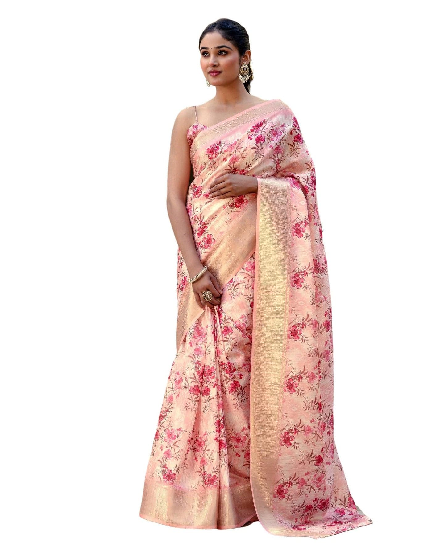 SIRIL Women's Silk Floral Printed Ready to Wear Saree With Unstitched Blouse Piece (54RS136_Peach)