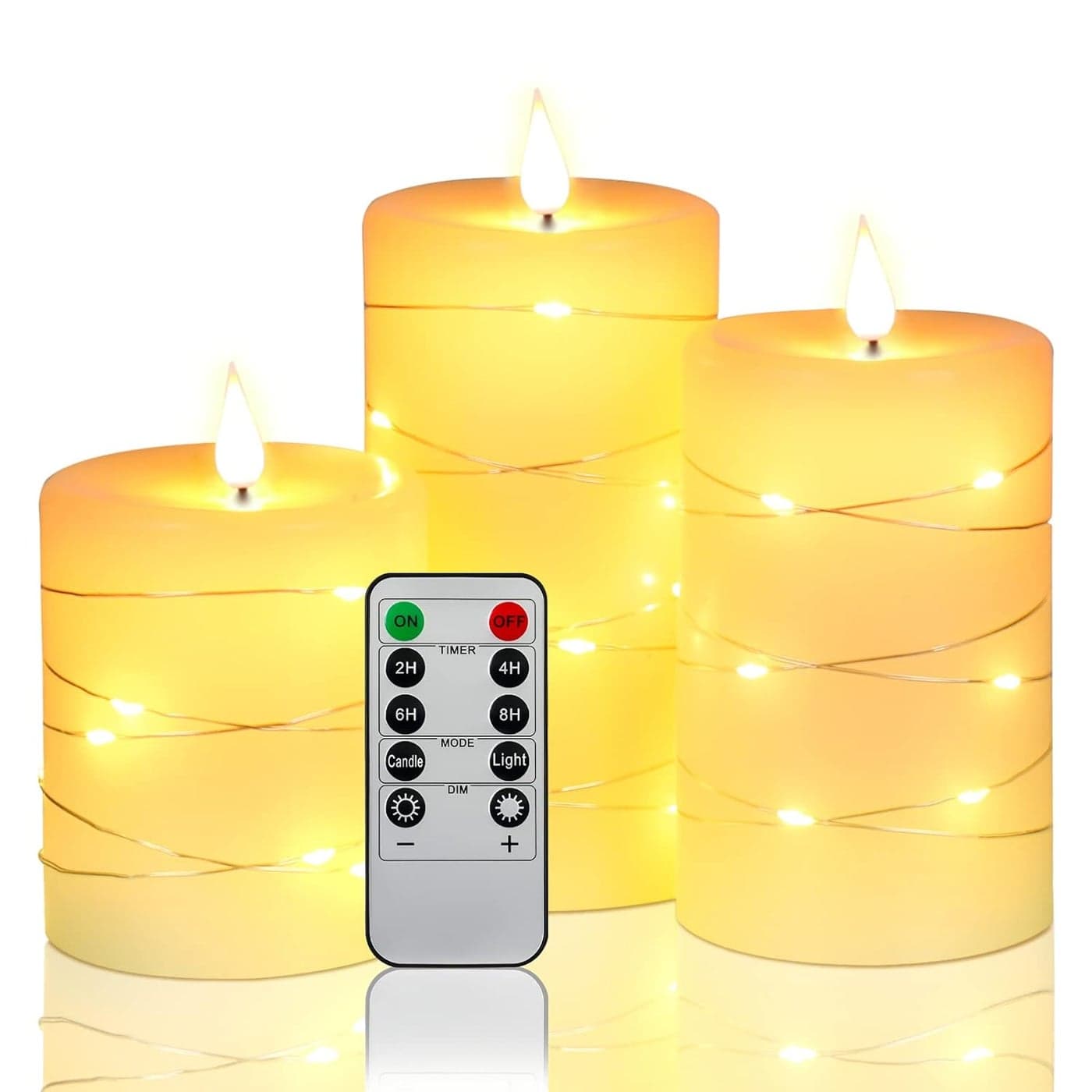 Da by Flameless Candles with String Lights,Battery Operated Candles,LED Flickering Candles with Remote Control and Timer, Real Wax, 3 Pack-Ivory White
