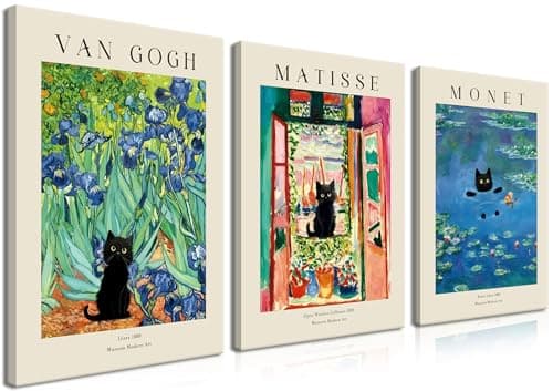 Monet Wall Art Set of 3 Van Gogh Black Cat Flower Field Canvas Paintings Prints Matisse Abstract Black Cat Aesthetic Pictures for Room Bedroom Living Room Bathroom 12x16 in Framed