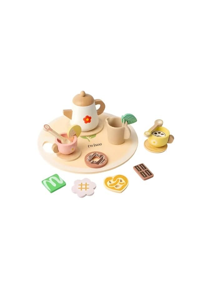 Twisoo Cabecchi 12-Piece Wooden Tea Set Toy for Kids – Cute Pretend Play Afternoon Tea Set with Teapot, Teacups, Spoons & Accessories, Educational Role Play Toy for Toddlers