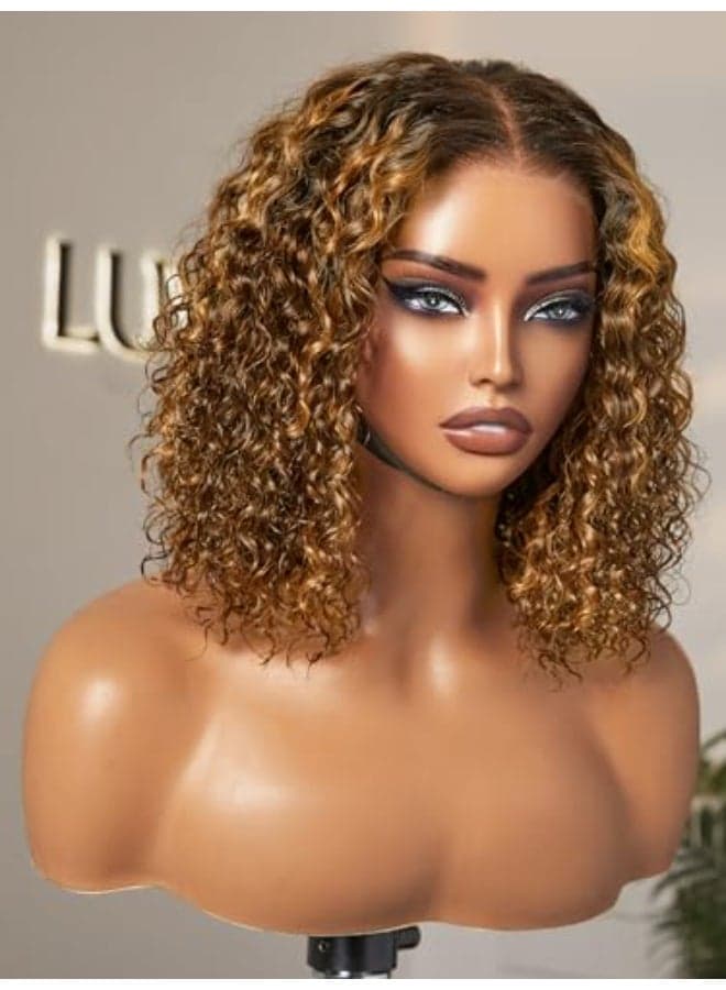 LUVME HAIR 5X5 Deep Curly 10 Inch 100 Human Hair Wigs Curly Deep Wave Glueless Lace Front 10 Inches Pre Cut Plucked Hd Lace Short Wig Ready To Go Mix Brown Color Straight Bleached Knots Black Wigs
