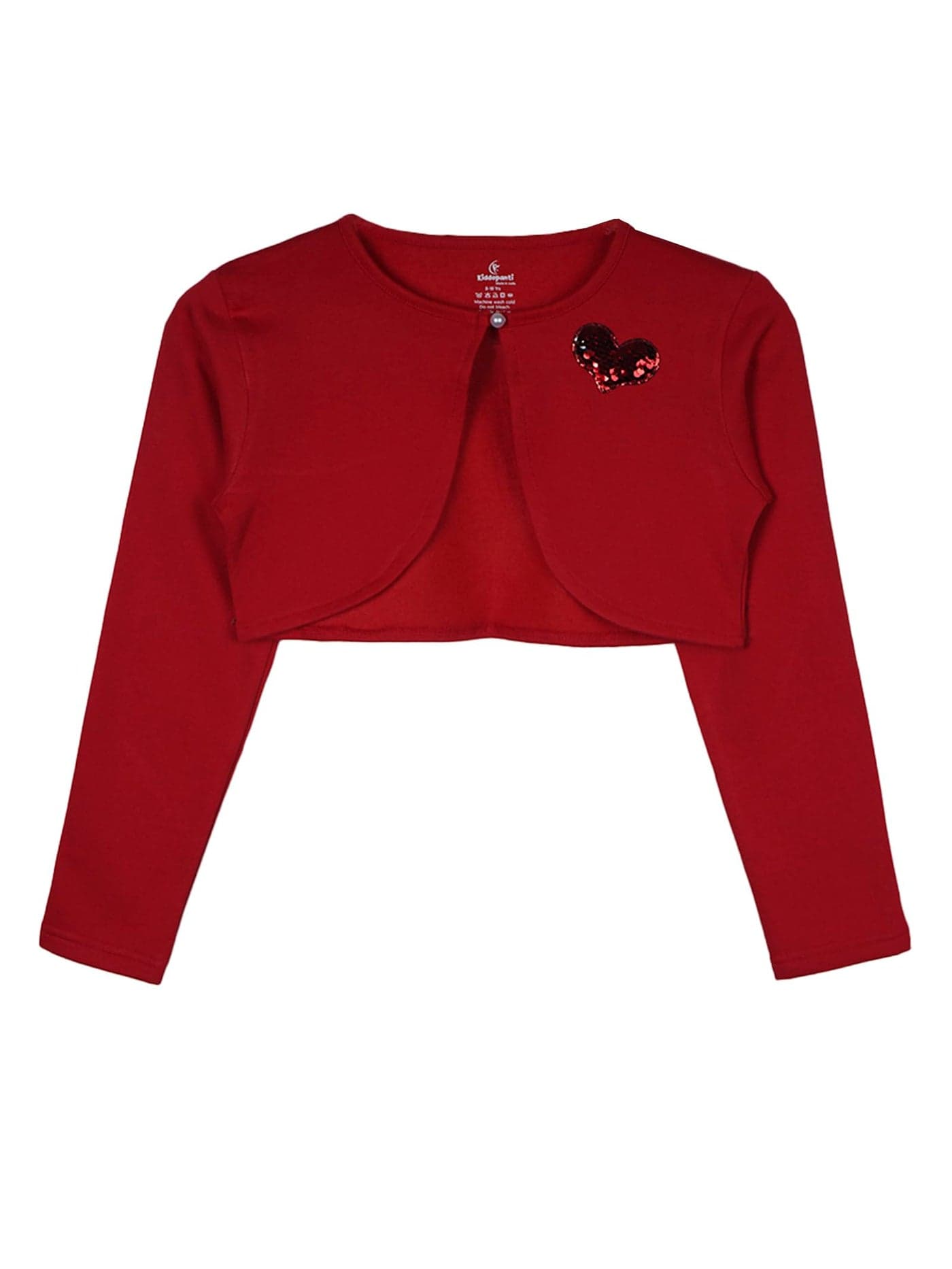 KiddoPanti Girls Crop Length Shrug | Cotton Poly Fleece Fabric |Sequin Patch on Chest | Front Open Pearl Button Closure | Crop Length, Full Sleeve | Girls Shrug,Red Heart - 4-6Y