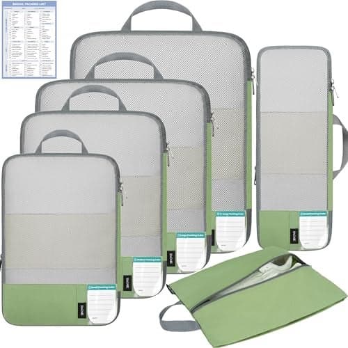BAGAIL 6 Set Lightweight Compression Packing Cubes with Packing List AntiTearing Expandable Organizer Bags for Travel Matcha Green