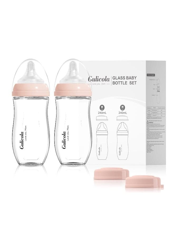 Natural Glass Baby Bottle for Breastfed Babies, Anti-Colic Baby Bottle Set with Medium Flow Nipple, 3 Months +, 8 oz, 2 Pack - Pink