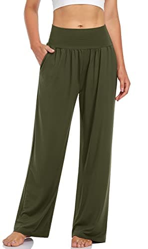 UEU Women's Wide Leg High Waisted Baggy Yoga Pants Buttery Super Soft Casual Loose Fit Lounge Athletic Sweats Pants with Pockets(ArmyGreen,L)