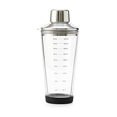 Rabbit 18 oz Glass Cocktail Shaker with Printed Measurements, Multi-Use Stainless Steel Topper with 1.5 oz Jigger Cap and Strainer, 3.94 x 3.54 x 9.06 IN