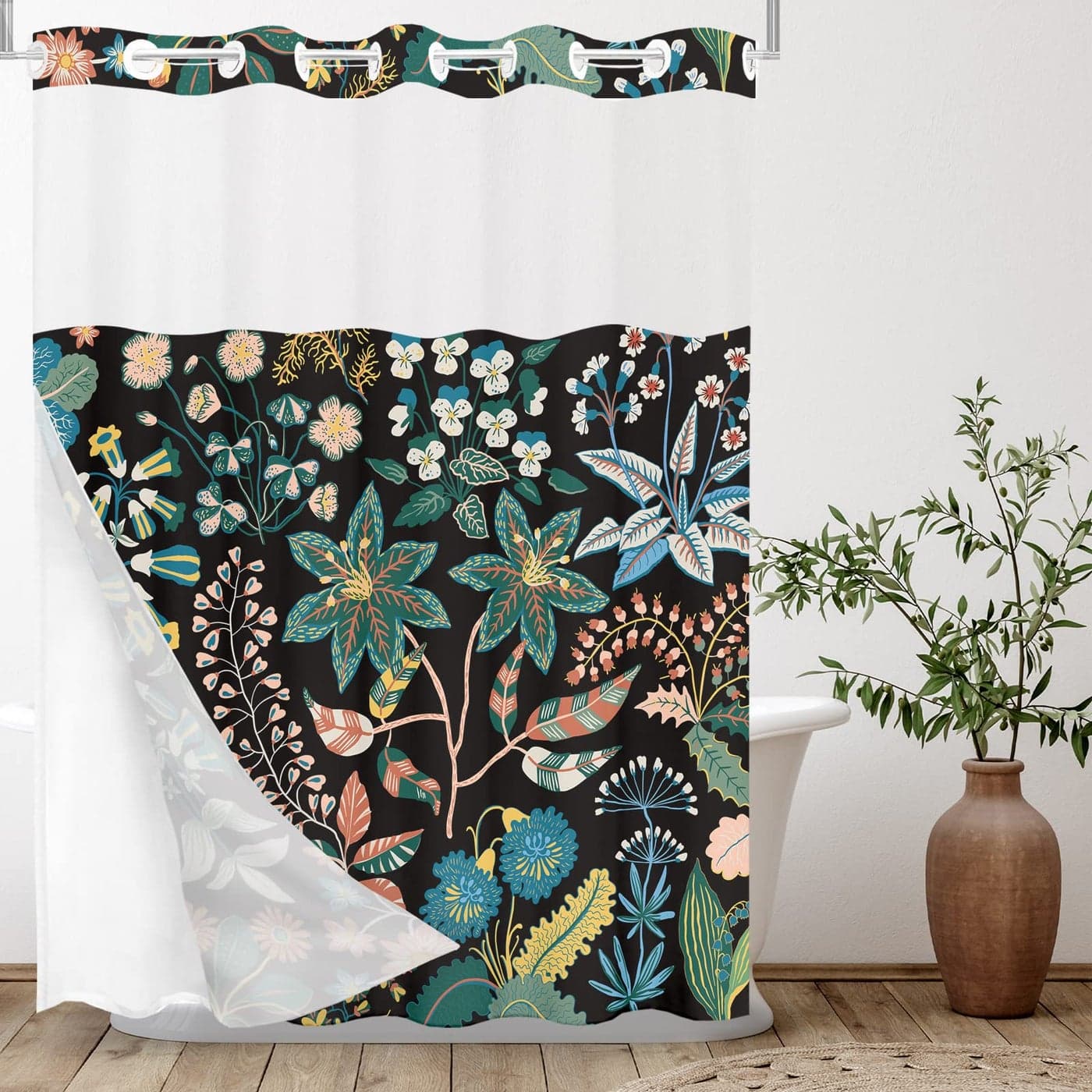 Tititex No Hooks Snap in Liner Black Rustic Floral Boho Shower Curtain Sets Hotel Luxury Double Layers Waterproof Fabric SeeThrough Top Window Bathroom Decorative 72x72 Inch