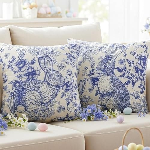 Hahafelt 2 Pcs Easter Throw Pillow Covers 16 x 16 Inch Blue and White Vintage Bunny Decorative Pillow Covers Easter Spring Decorations for Home Chinoiserie Farmhouse Rabbit Decor for Living Room