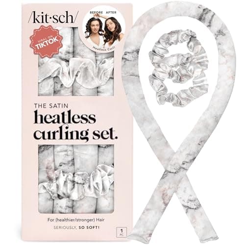 Kitsch Satin Heatless Curling Set – Heatless Curls Overnight with 34" Hair Curler & 2 Satin Scrunchies – Comfortable Hair Curlers to Sleep In for Frizz-Free, No Heat Damage Styling - Marble