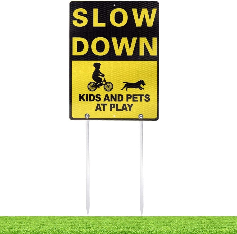Kichwit Double Sided Aluminum Slow Down Kids and Pets at Play Sign for Neighborhood Street 158 x 118 Large Reflective Metal Slow Down Sign with 14 Metal Stakes