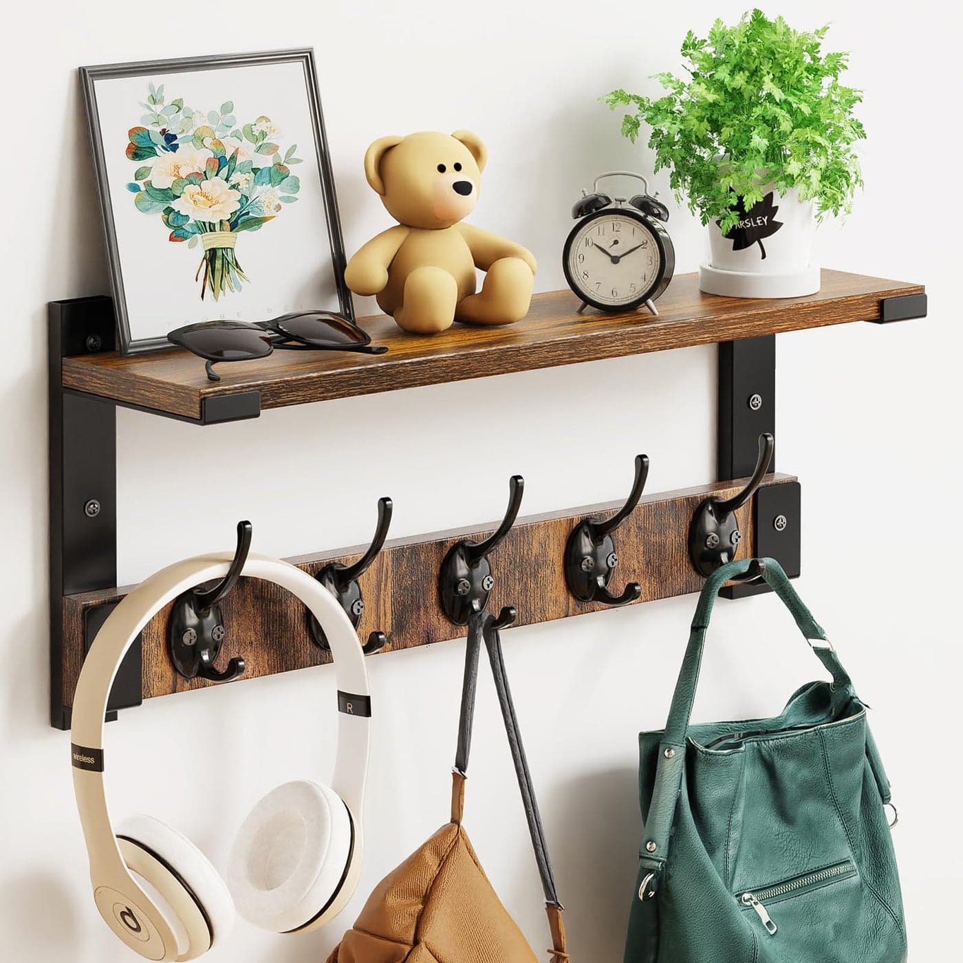 Oraich Wall Hooks with Shelf Coat Rack Wall Mount for Coat Backpack Key Clothes Hanger Wall Floating Shelf Hanging in Entryway Living Room Bathroom Bedroom Kitchen