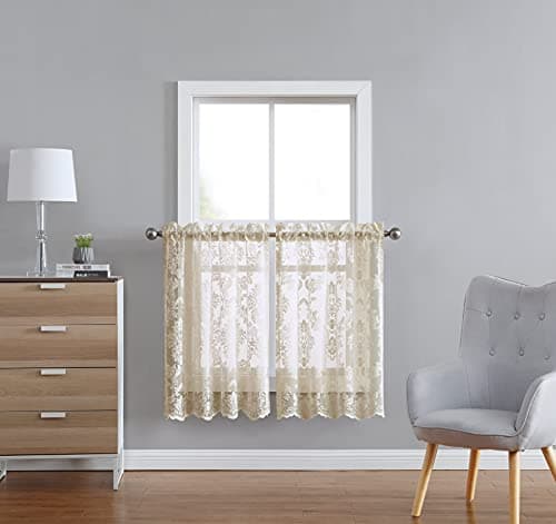 LinenZone Lace Kitchen Curtains. Lace Window Treatment for Kitchen or Small Window. Lace Tiers Can Be Combined with Matching Swags or Valance for a Charming Farmhouse Look. (Fiona 30 x 36 Linen)