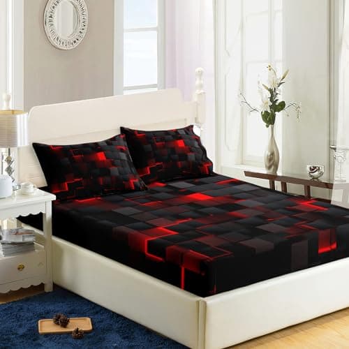 Soft Bedding Fitted Sheet Full Size,Geometric Red Black Microfiber Fitted Sheet with 16" Deep Pockets Fitted Sheet Room Decor,Bed Sheets & 2 Pillowcases for Kids Boys and Girls