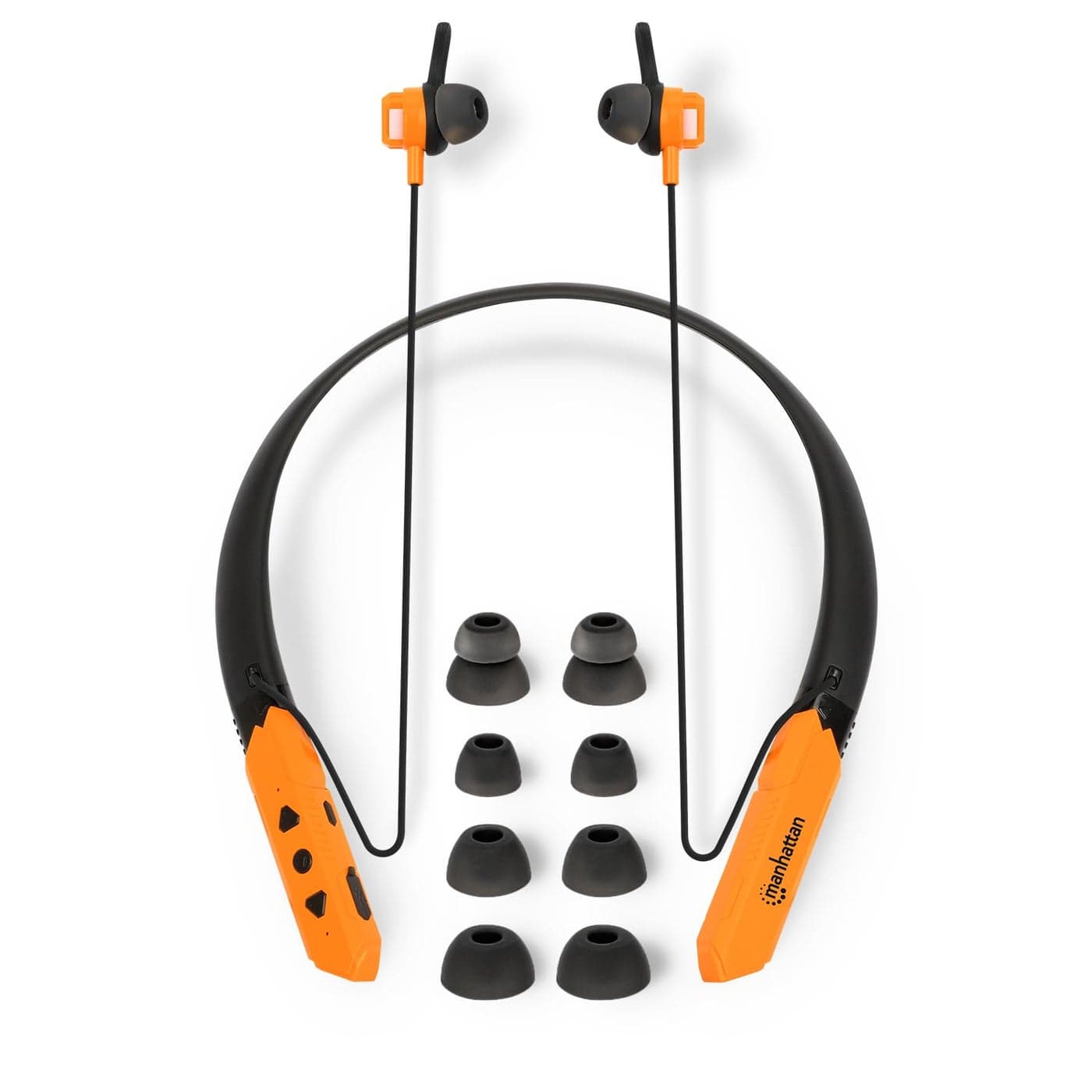MANHATTAN Bluetooth Wireless Neckband Headphones — Work Earbud Earphones with 15H Playtime, Noise-Isolating, IPX4 Water Resistant, Built-in Mic – for Work, Music, Calls – 3 Yr Mfg Warranty -179829