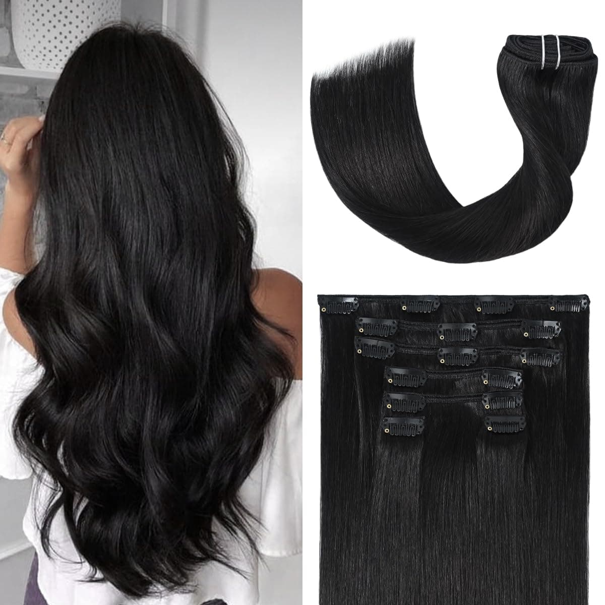 UGOTRAYS Black Hair Extensions Clip in Real Human Hair 70g 12 Inches 100 Remy Human Hair Natural Black Straight Double Weft for Full Head 7pcs 16clips One Pack