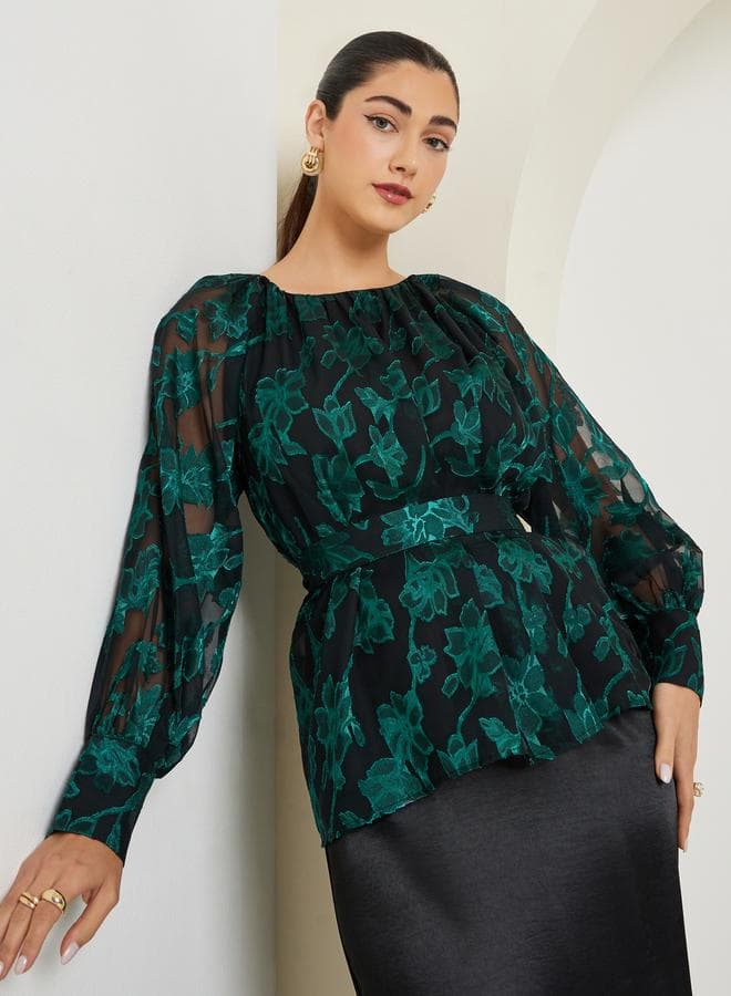 Green Jacquard Floral Long Sleeve Top