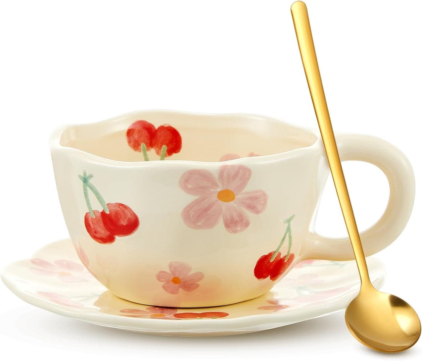 Vesici Ceramic Cherry Floral Tea Cups and Saucers 85 oz Ceramic Coffee Mug with Saucer Set Floral Mug with Handles Spoons Creative Flower Cup for Office Home Dishwasher and Microwave Safe