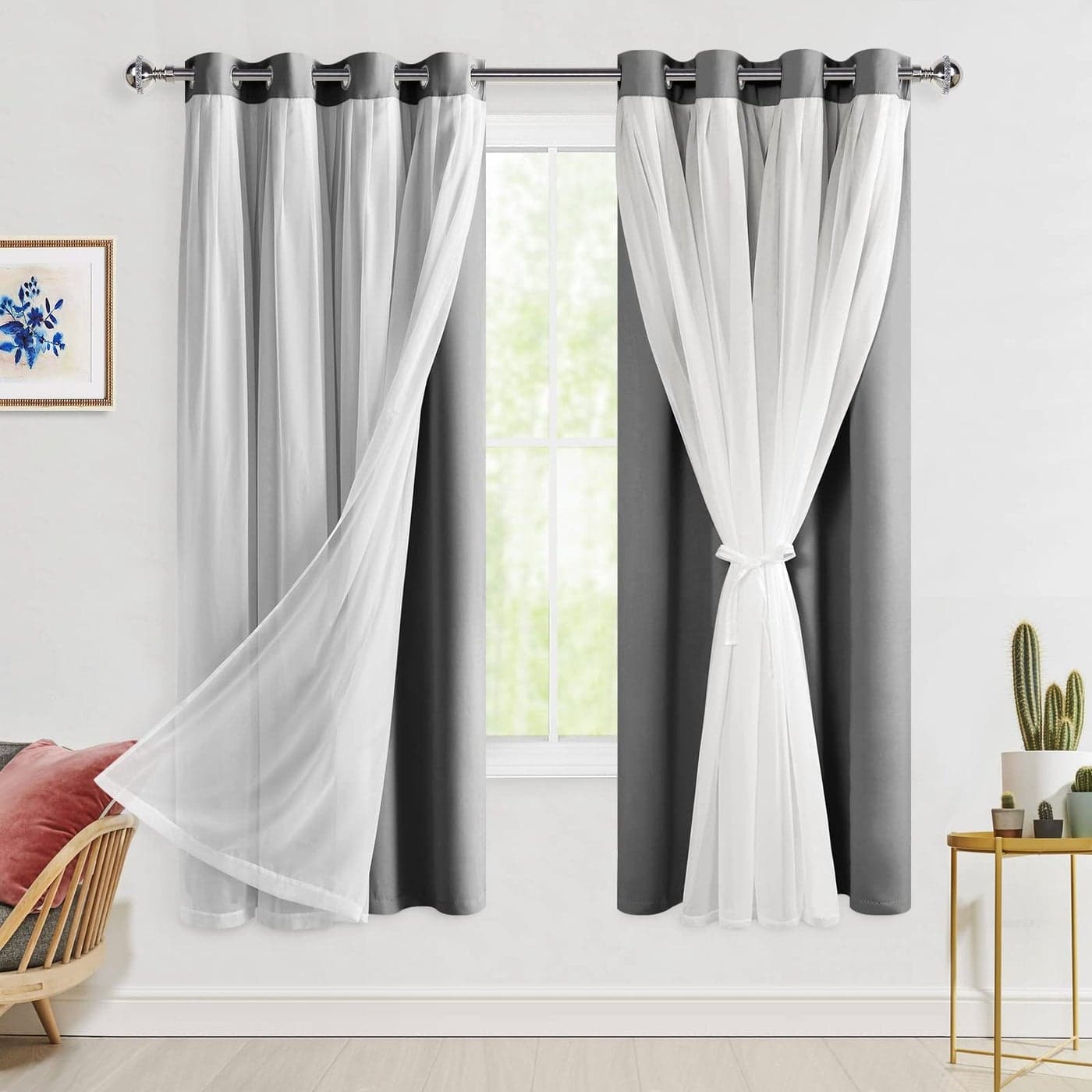 Hiasan Grey Blackout Curtains with Sheer Overlay Grommet Thermal Insulated Privacy Mix and Match Double Layer Window Curtains for Girls Bedroom Living Room 2 Drape Panels with Tiebacks 52W X 63L